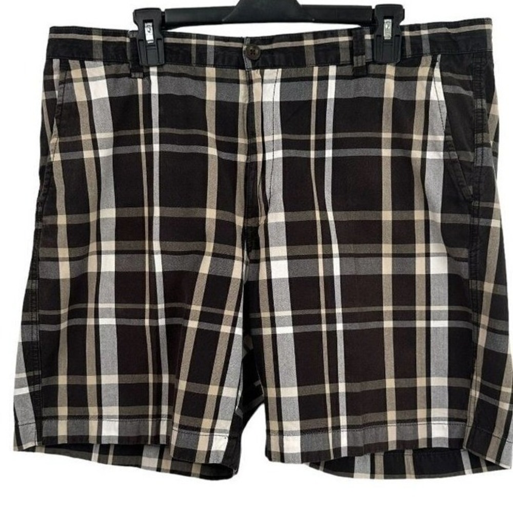 Chaps Mens Plaid Flat Front Cotton Shorts Black White Tan Size 38